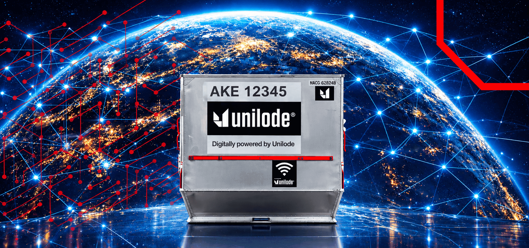 A digitally tagged ULD above a globe lit by network connections